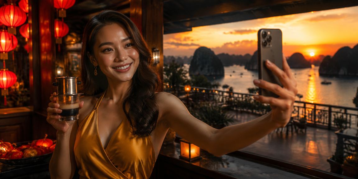 Người dùng Hội An kiểm tra thông tin khuyến mãi và phong bao đỏ trên điện thoại cạnh tách cà phê